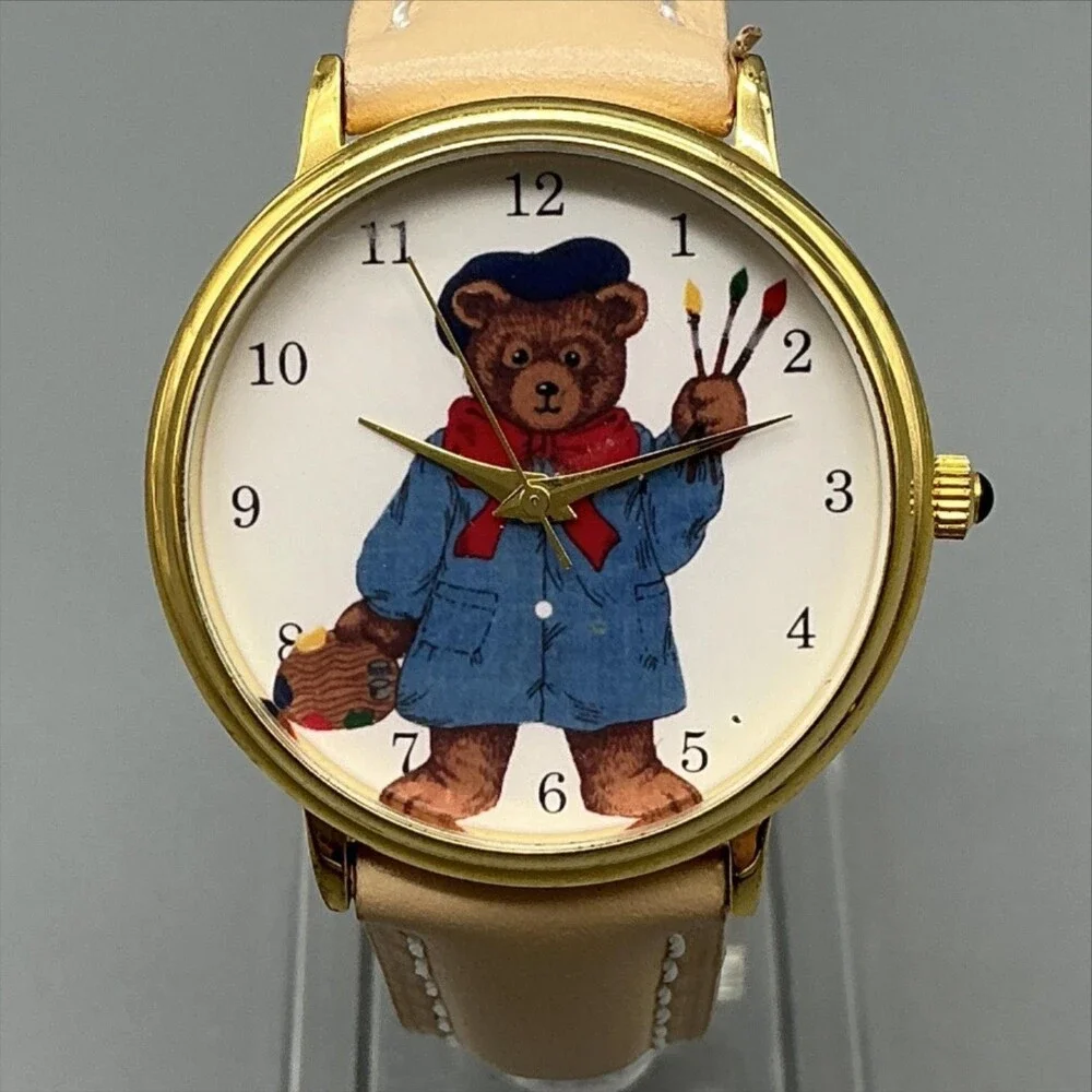 Womens Watch 33mm Brown Bear Dial Gold Tone Beige Leather Strap New Battery